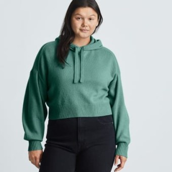 EVERLANE The Cropped Hoodie in ReCashmere in Dark Mint ~ womens green crop hem knitted hoodies