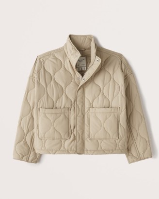ABERCROMBIE & FITCH Cropped Lightweight Quilted Puffer ~ womens casual crop hem jackets ~ women’s trendy light brown outerwear - flipped