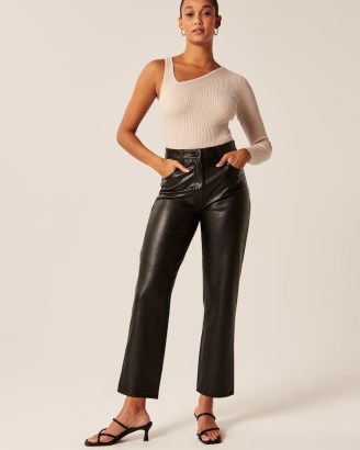 Abercrombie & Fitch Curve Love Vegan Leather Ankle Straight Pants in Black – womens plus size faux leather trousers - flipped