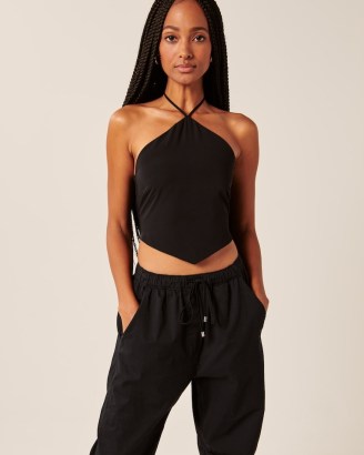 Abercrombie & Fitch Faux Silk Halter Top – black cropped pointed hem halterneck tops - flipped