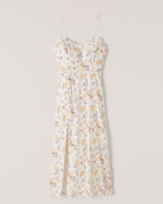Abercrombie & Fitch Faux Silk High-Slit Midaxi Dress – floral print skinny shoulder strap dresses – split hem - flipped