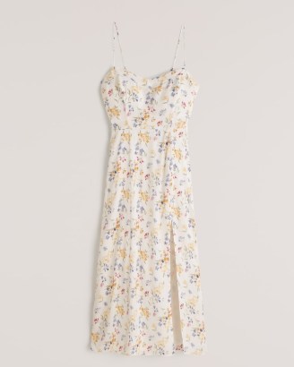 Abercrombie & Fitch Faux Silk High-Slit Midaxi Dress – floral print skinny shoulder strap dresses – split hem