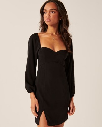 Abercrombie & Fitch Long-Sleeve Corset Seamed Mini Dress | sweetheart neckline LBD | split hem party dresses - flipped