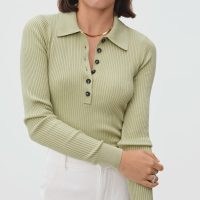EVERLANE The Merino Long-Sleeve Polo in sage | light green rib knit collared tops | luxe style knitwear