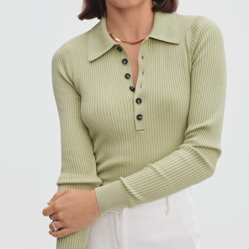EVERLANE The Merino Long-Sleeve Polo in sage | light green rib knit collared tops | luxe style knitwear - flipped