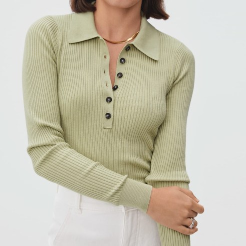 EVERLANE The Merino Long-Sleeve Polo in sage | light green rib knit collared tops | luxe style knitwear