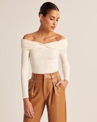 Abercrombie & Fitch Off-The-Shoulder Twist Sweater Top | white knitted bardot tops