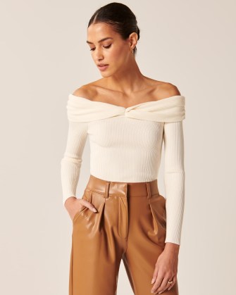Abercrombie & Fitch Off-The-Shoulder Twist Sweater Top | white knitted bardot tops - flipped