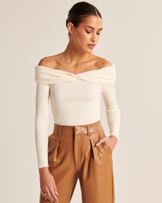 Abercrombie & Fitch Off-The-Shoulder Twist Sweater Top | white knitted bardot tops