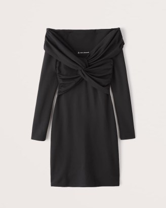Abercrombie & Fitch Off-The-Shoulder Twist-Front Mini Dress in Black ~ bardot neckline LBD - flipped