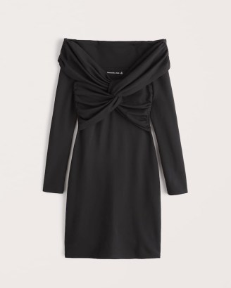 Abercrombie & Fitch Off-The-Shoulder Twist-Front Mini Dress in Black ~ bardot neckline LBD