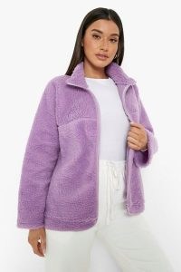 boohoo Oversized Funnel Neck Teddy Faux Fur Jacket in Lilac ~ womens casual textured zip up jackets