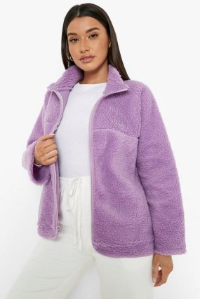 boohoo Oversized Funnel Neck Teddy Faux Fur Jacket in Lilac ~ womens casual textured zip up jackets - flipped