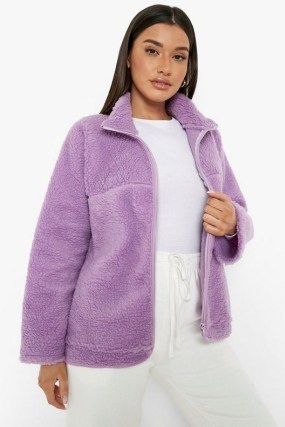 boohoo Oversized Funnel Neck Teddy Faux Fur Jacket in Lilac ~ womens casual textured zip up jackets
