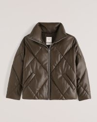 Abercrombie & Fitch Oversized Vegan Leather Diamond Puffer Dark Brown – womens short length padded coats – women’s on-trend quilted jackets – luxe style faux leather outerwear