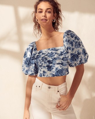 Abercrombie & Fitch White Floral Pleated Puff Sleeve Top | volume sleeved square neck crop hem tops | flowery cropped fashion