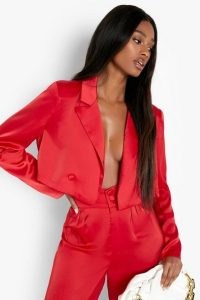 boohoo Premium Satin Cropped Blazer in Red ~ womens crop hem evening blazers
