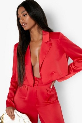 boohoo Premium Satin Cropped Blazer in Red ~ womens crop hem evening blazers - flipped
