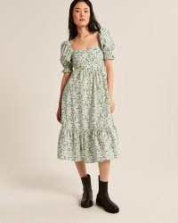 Abercrombie & Fitch Puff Sleeve Poplin Midi Dress in Green Floral / tiered hem dresses / puffed sleeves