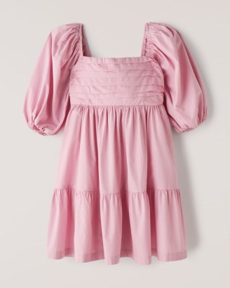 Abercrombie & Fitch Ruched Puff Sleeve Poplin Mini Dress | pink voluminous tiered hem dresses | pleated bodice | square neck - flipped