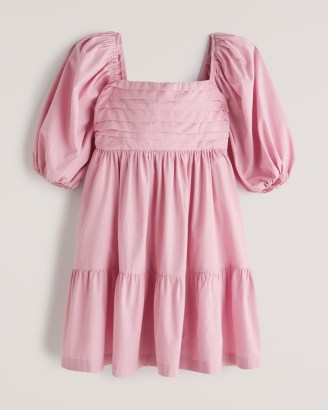 Abercrombie & Fitch Ruched Puff Sleeve Poplin Mini Dress | pink voluminous tiered hem dresses | pleated bodice | square neck