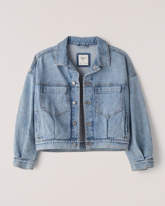 Abercrombie & Fitch 90s Drapey Denim Jacket | womens blue medium wash jackets | women’s casual wardrobe style essentals - flipped