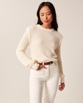 Abercrombie & Fitch Strong Shoulder Crew Sweater | women’s off white ribbed jumpers - flipped