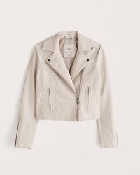 Abercrombie & Fitch The Vegan Leather Moto Jacket in Cream ~ womens cool casual zip and stud detail jackets ~ women’s biker inspired fashion