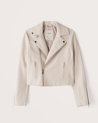 Abercrombie & Fitch The Vegan Leather Moto Jacket in Cream ~ womens cool casual zip and stud detail jackets ~ women’s biker inspired fashion - flipped
