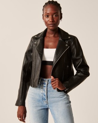 The Vegan Leather Moto Jacket in Black – women’s zip and stud detail faux leather biker jackets – Abercrombie & Fitch fashion - flipped