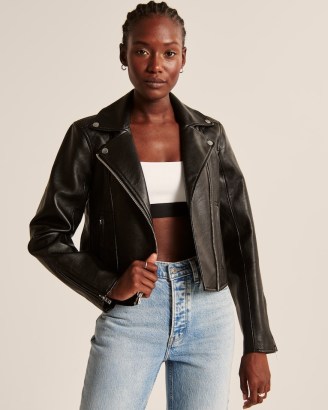 The Vegan Leather Moto Jacket in Black – women’s zip and stud detail faux leather biker jackets – Abercrombie & Fitch fashion