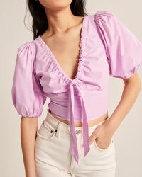 Abercrombie & Fitch Tie-Front Puff Sleeve Top | pink short volume sleeved V-neck cropped tops
