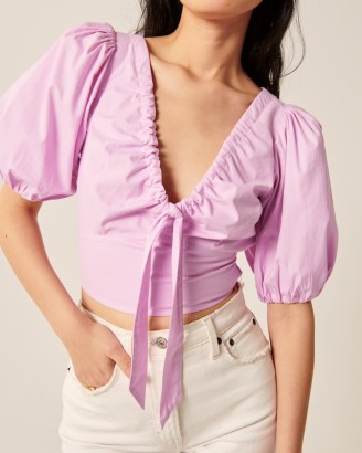 Abercrombie & Fitch Tie-Front Puff Sleeve Top | pink short volume sleeved V-neck cropped tops - flipped