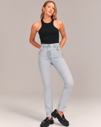 Abercrombie & Fitch Ultra High Rise Slim Straight Jeans | womens light blue denim fashion - flipped