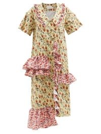 KIKA VARGAS Margaret floral-print cotton-blend midi dress in yellow – tiered ruffles – floral print ruffle trimmed vintage style dresses – romance inspired clothing