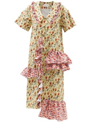 KIKA VARGAS Margaret floral-print cotton-blend midi dress in yellow – tiered ruffles – floral print ruffle trimmed vintage style dresses – romance inspired clothing - flipped