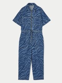 Jigsaw Zebra Denim Belted Jumpsuit Blue | short sleeve animal print jumpsuits