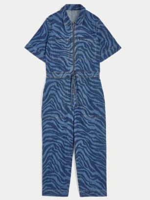 Jigsaw Zebra Denim Belted Jumpsuit Blue | short sleeve animal print jumpsuits - flipped