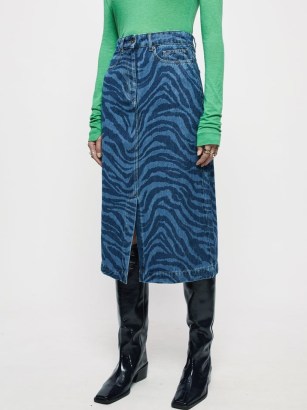 Jigsaw Zebra Denim Midi Skirt Blue | animal print front split skirts - flipped