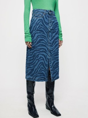 Jigsaw Zebra Denim Midi Skirt Blue | animal print front split skirts