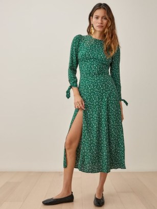 REFORMATION Zia Dress in Rosemarie ~ green floral side slit midi dresses