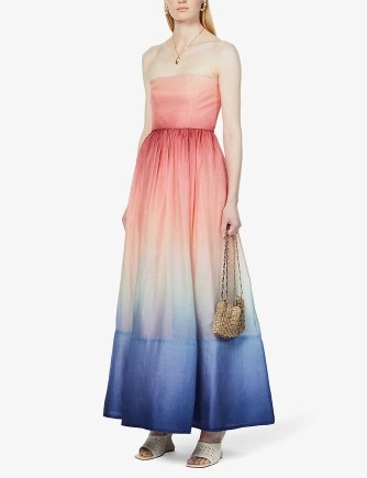 ZIMMERMANN Postcard strapless silk and linen-blend chiffon maxi dress in ombre dawn – pink and blue strapless occasion dresses – evening event fashion - flipped