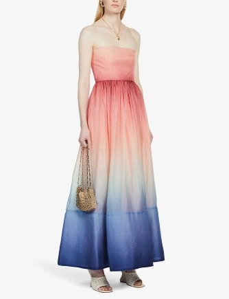 ZIMMERMANN Postcard strapless silk and linen-blend chiffon maxi dress in ombre dawn – pink and blue strapless occasion dresses – evening event fashion