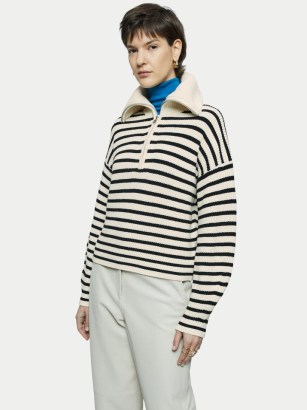 JIGSAW Zip Collar Stripe Jumper in Cream / women’s striped jumpers / womens chunky zipped collar pullovers
