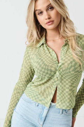 GARAGE Mesh Button Up Long Sleeve Tee in Green Warped Check ~ womens checked crop hem shirt ~ women’s mesh fabric retro print shirts - flipped