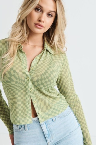 GARAGE Mesh Button Up Long Sleeve Tee in Green Warped Check ~ womens checked crop hem shirt ~ women’s mesh fabric retro print shirts