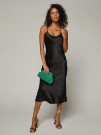 Reformation Alisal Dress in Black | slinky LBD | glamorous evening look | fluid fabric slip dresses