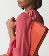 REISS ALMA CLUTCH SMALL ORANGE LEATHER CLUTCH BAG / chunky chain baguette shaped bags