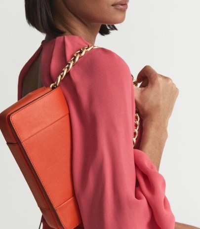 REISS ALMA CLUTCH SMALL ORANGE LEATHER CLUTCH BAG / chunky chain baguette shaped bags - flipped