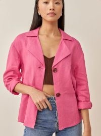 REFORMATION Alonso Linen Top in Snapdragon / pink shirt style tops / women’s lightweight summer shackets